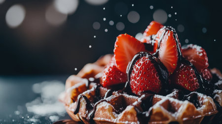 A close-up shot of crispy waffles topped with juicy strawberries and decadent chocolate drizzle, perfect for a sweet breakfast treat.の素材