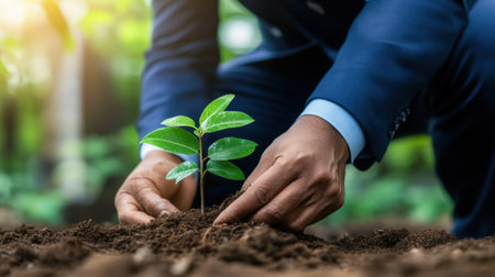 Professional businessman planting a sapling in rich soil, representing environmental growth and corporate responsibility.の素材
