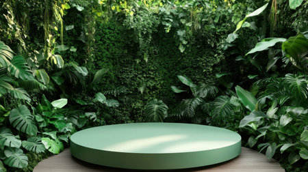 Minimalistic display podium surrounded by vibrant greenery, ideal for showcasing eco-friendly products in a serene, natural setting.の素材