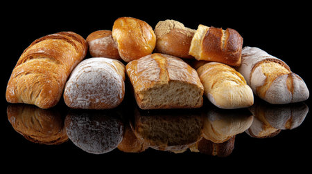 A mix of bread types on a sleek black background, from crispy baguettes to soft rolls, beautifully arranged.の素材