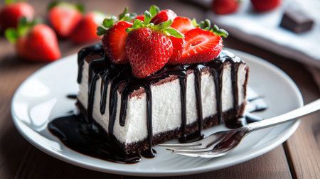 A decadent slice of cake topped with fresh strawberries and drizzled with rich chocolate sauce, served on a white plate with a fork.の素材