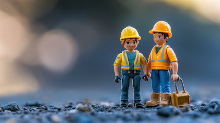 Two toy construction workers stand together, symbolizing teamwork and safety, set against a vibrant industrial background, representing collaborationの素材