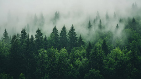 Misty forest scene with lush green trees, shrouded in fog, creating a mystical, atmospheric landscape perfect for nature-themed work.の素材