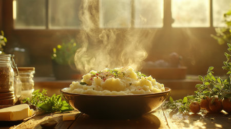 A hearty bowl of homemade mashed potatoes with steam rising, placed on a wooden table, surrounded by herbs and butterの素材