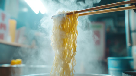 A pair of wooden chopsticks grasping long strands of noodles, suspended mid-air, with steam rising.の素材
