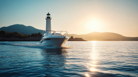 A sleek cabin cruiser approaches a towering lighthouse, waves gently lapping at the boat, sunlight glistening. Copy space for text.の素材