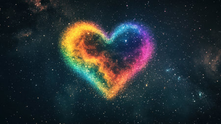 A vibrant nebula in space, forming the shape of a rainbow-colored heart, set against a dark starry sky, symbolizing love across the universe.の素材