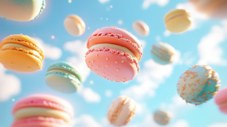 A variety of macarons in bright colors, suspended in the air, showcasing their texture and sweetness.の素材