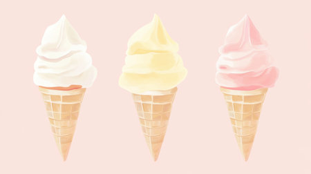 A trio of ice cream cones in pastel shades, neatly arranged, evoking a fresh and sweet summer vibeの素材