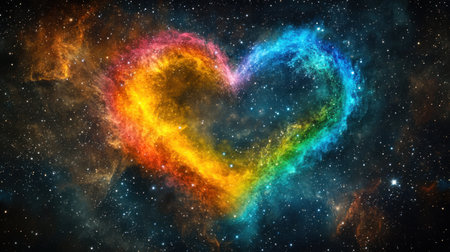 A vibrant nebula in space, forming the shape of a rainbow-colored heart, set against a dark starry sky, symbolizing love across the universe.の素材