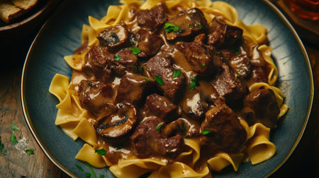 Beef stroganoff with tender mushrooms and egg noodles, served hot and garnished with parsley. Copy space for recipe.の素材