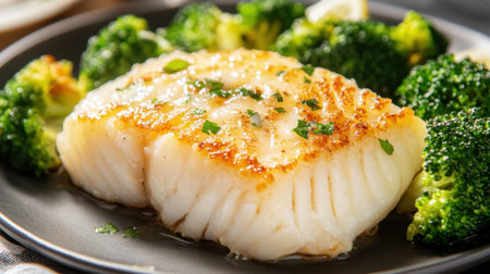 Baked cod with a drizzle of lemon butter, served alongside steamed broccoli, a healthy and delicious meal. Copy space.の素材