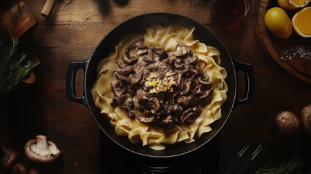 Beef stroganoff with mushrooms and egg noodles, creamy and rich, a perfect meal. Copy space for text.の素材