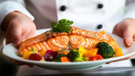 Close-up of a chef presenting a perfectly grilled salmon dish with colorful vegetables, plated beautifully.の素材