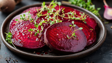 Bright red beets on an elegant plate, served with a light drizzle of vinaigrette and garnished with microgreens.の素材