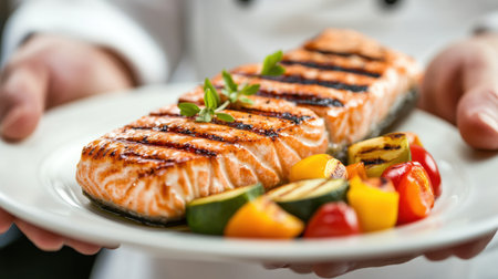 Close-up of a chef presenting a perfectly grilled salmon dish with colorful vegetables, plated beautifully.の素材
