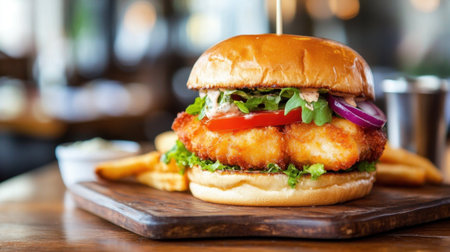 Crispy fish burger with fresh vegetables and tartar sauce on a soft brioche bun, served on a wooden table.の素材