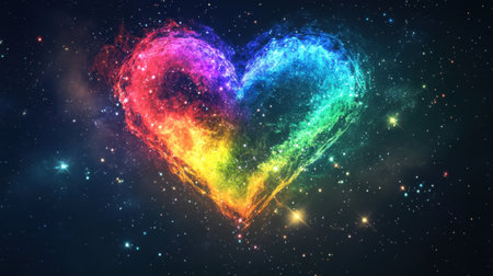 Cosmic heart-shaped nebula radiating rainbow colors, illuminating the dark void of space with stars twinkling around.の素材