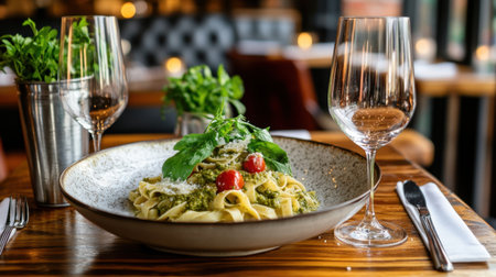Delicious tagliatelle served with homemade pesto sauce, beautifully plated on a wooden table setting.の素材