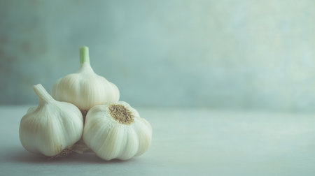 Fresh garlic cloves resting on a clean white background, with a focus on their details and texture.の素材
