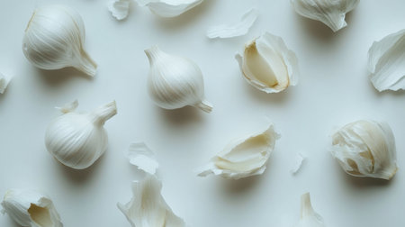 Fresh garlic cloves resting on a clean white background, with a focus on their details and texture.の素材
