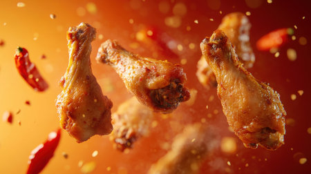 Fried chicken legs and dried chilies suspended in motion, with an intense orange-red background, evoking a sense of spice and heat.の素材