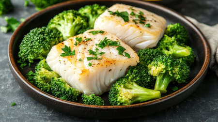 Healthy baked cod served with steamed broccoli and lemon butter, garnished with fresh parsley. Copy space for menu.の素材