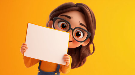 A cute, bespectacled cartoon girl holds a blank sign against an energetic orange background, ready for your messageの素材