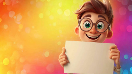 Cartoon character smiling brightly, presenting a blank sign on a colorful background, perfect for showcasing your message.の素材