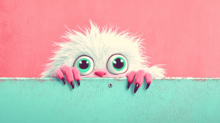 A fun fluffy monster peeks over a mint green sign, set against a pink backdrop, adding a whimsical touch to playful designs.の素材