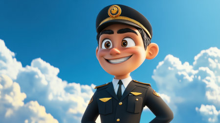 A joyful animated character in a pilot uniform, standing proudly in a whimsical style, embodies confidence and charm for aviation or adventure themes.の素材