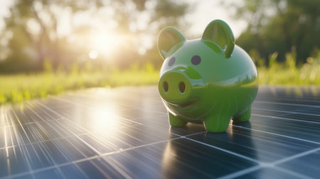 A green piggy bank sitting on top of clean, shiny solar panels, symbolizing savings and the cost of renewable energy.の素材