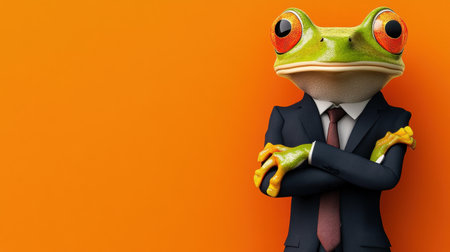 A humorous frog in a sleek business suit, standing confidently with arms crossed, ideal for unique marketing campaigns blending nature and professionalism.の素材