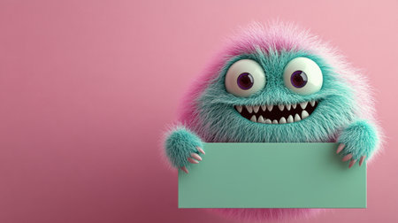 A joyful fluffy monster looks over a mint green sign on a pink backdrop, bringing a sense of fun and whimsy to any design.の素材