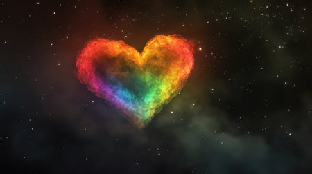 A heart-shaped nebula glowing with rainbow hues, floating in the depths of space with stars sparkling in the distance.の素材