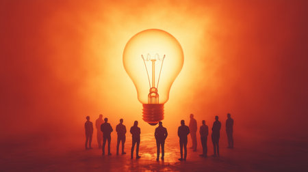 A dynamic creative team stands around a glowing light bulb, symbolizing collaboration, brainstorming, and innovation for future projects.の素材