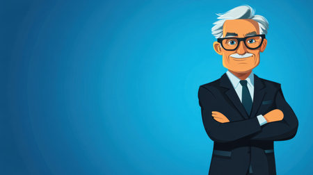 Cartoon elderly businessman with glasses stands confidently against a blue background, symbolizing wisdom and financial success.の素材
