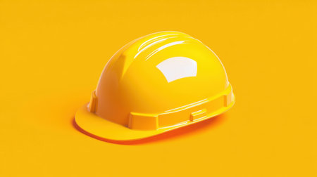 Bright yellow hard hat on a warm orange background, representing the importance of safety in construction in a minimalist styleの素材