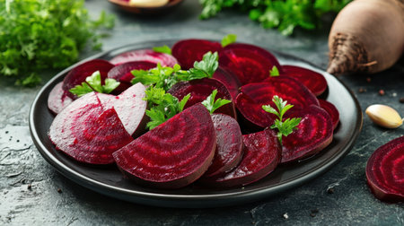 Freshly sliced red beets served on an elegant plate, paired with a light dressing and herbs for a refreshing appetizer.の素材