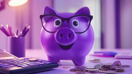 A quirky purple piggy bank wearing glasses, with coins scattered around and a calculator, depicting money-saving and budgeting ideas.の素材