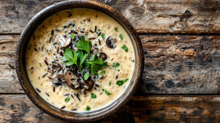 A bowl of wild rice soup with mushrooms, served hot with a sprinkle of parsley, on a rustic wooden surface.の素材