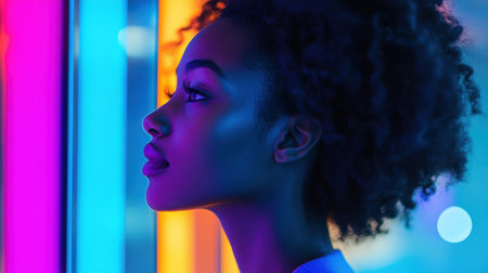 Profile view of a focused healthcare professional, calm under neon lights in a modern, colorful environment, reflecting tranquility.の素材