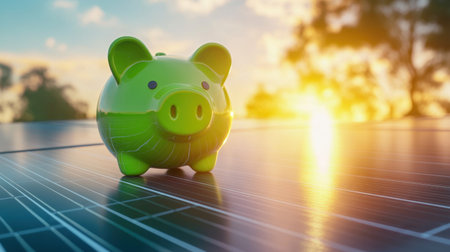 The green piggy bank shines under the sunlight, sitting atop solar panels, representing financial savings and environmental benefits.の素材