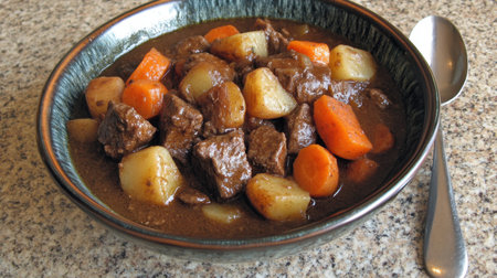 Rich and comforting beef stew with carrots and potatoes, served in a deep bowl with a spoon beside it.の素材