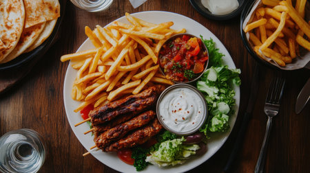 A hearty serving of doner kebab with golden fries, a crisp salad, and a refreshing yogurt sauce dip, served on a white plate. -の素材