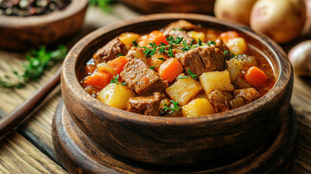 Slow-cooked beef stew with carrots and potatoes, served in a rustic bowl with fresh herbs sprinkled on top.の素材