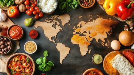 A vibrant scene of international cuisine displayed on a table with a world map, highlighting food from different cultures around the globe.の素材