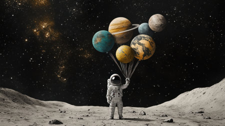 A whimsical scene of an astronaut on the moon, holding planet-shaped balloons that float towards the stars.の素材