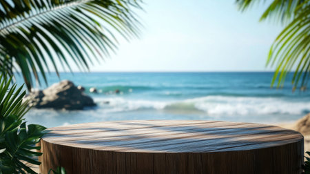 Beach-themed wooden podium for product display with summer decorations, palm leaves, and blurred ocean waves in the background. Ideal for tropical presentations.の素材