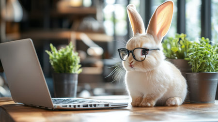 Adorable baby bunny wearing glasses and sitting next to a laptop on a wooden table, perfect for combining Easter holiday themes with e-learning or tech designs.の素材